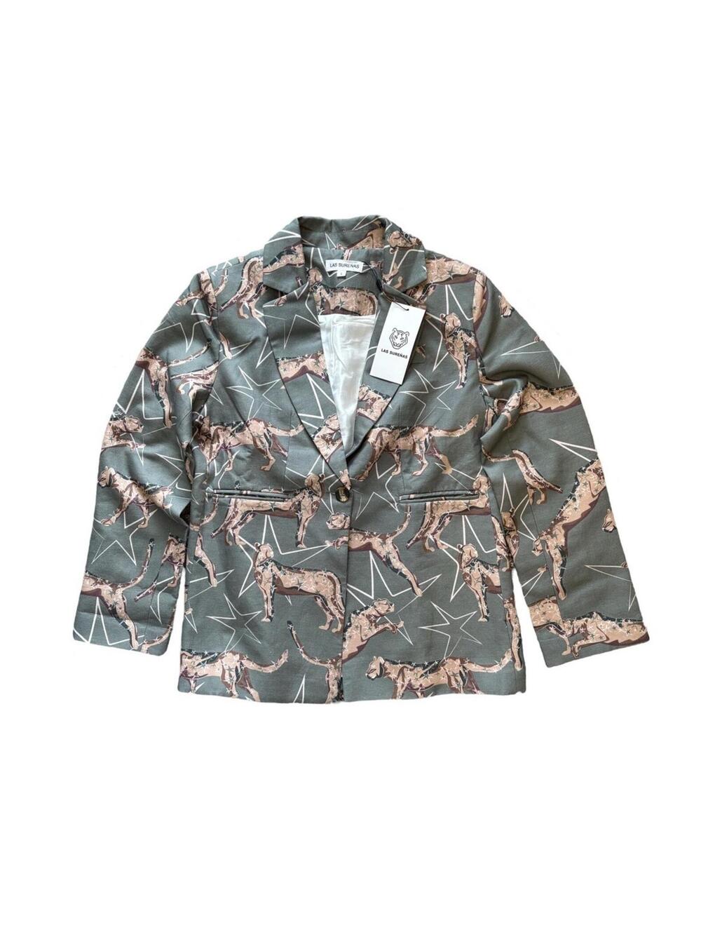 Las Surenas Womens Linen Cotton Safari Jungle Animal Boho Colorful Blazer Large